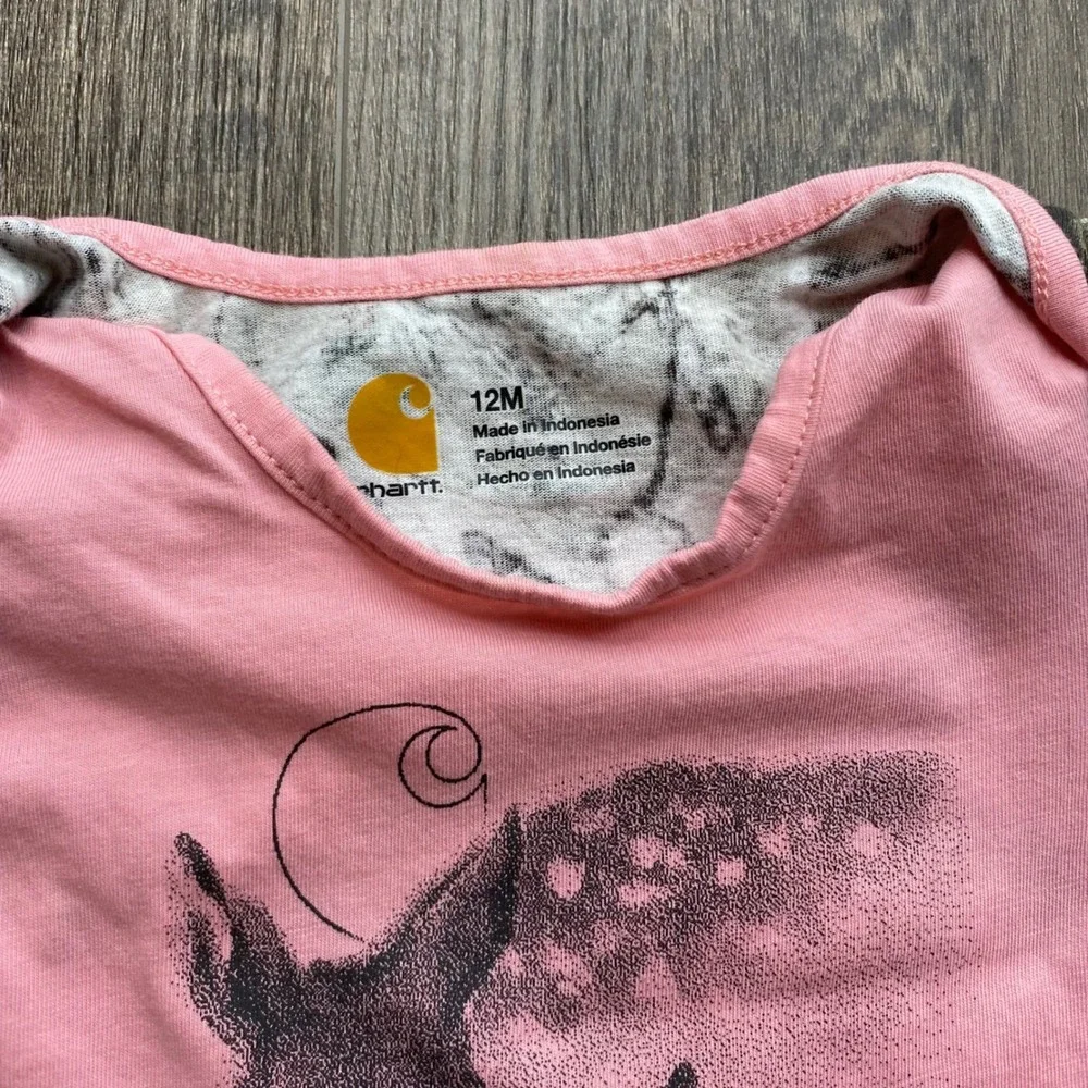 Carhartt Baby Girls Pink Mossy Oak Camo Fawn‎ Graphic Bodysuit 12M Short Sleeve